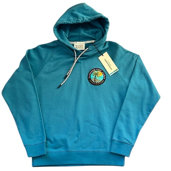 New Scotch & Soda Felpa Teal Hoodie Relaxed Fit TOrganic Patch Tropical Small